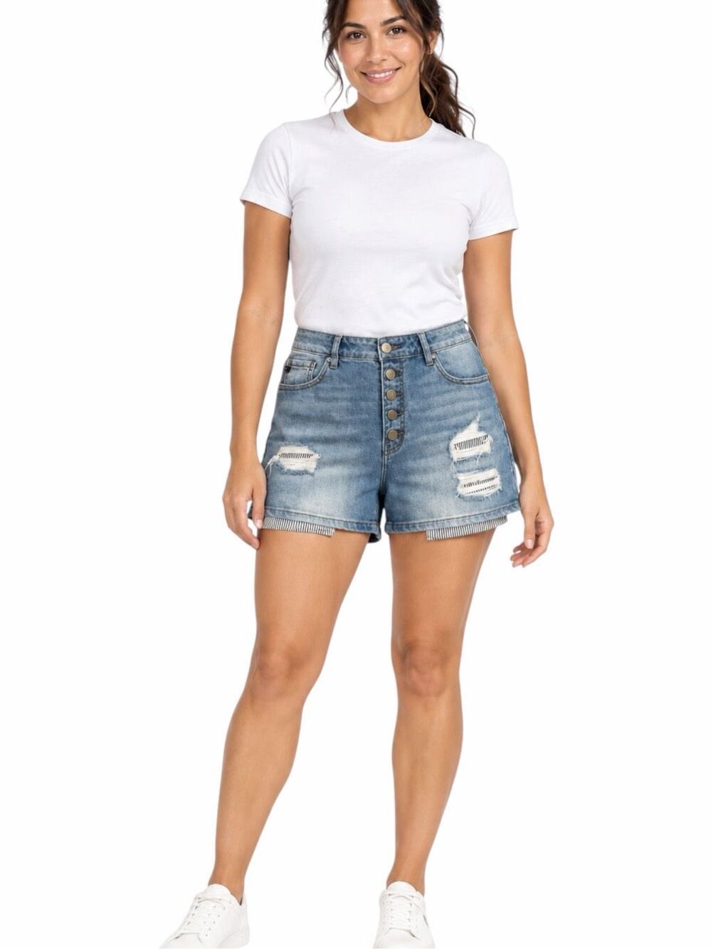 KANCAN Distressed Pocket-Out Denim Shorts Button Fly Medium Wash Blue Size 30